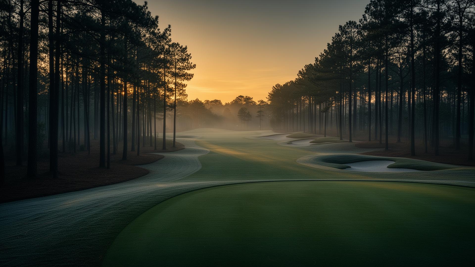Quiet golf course at dawn lined by tall pines